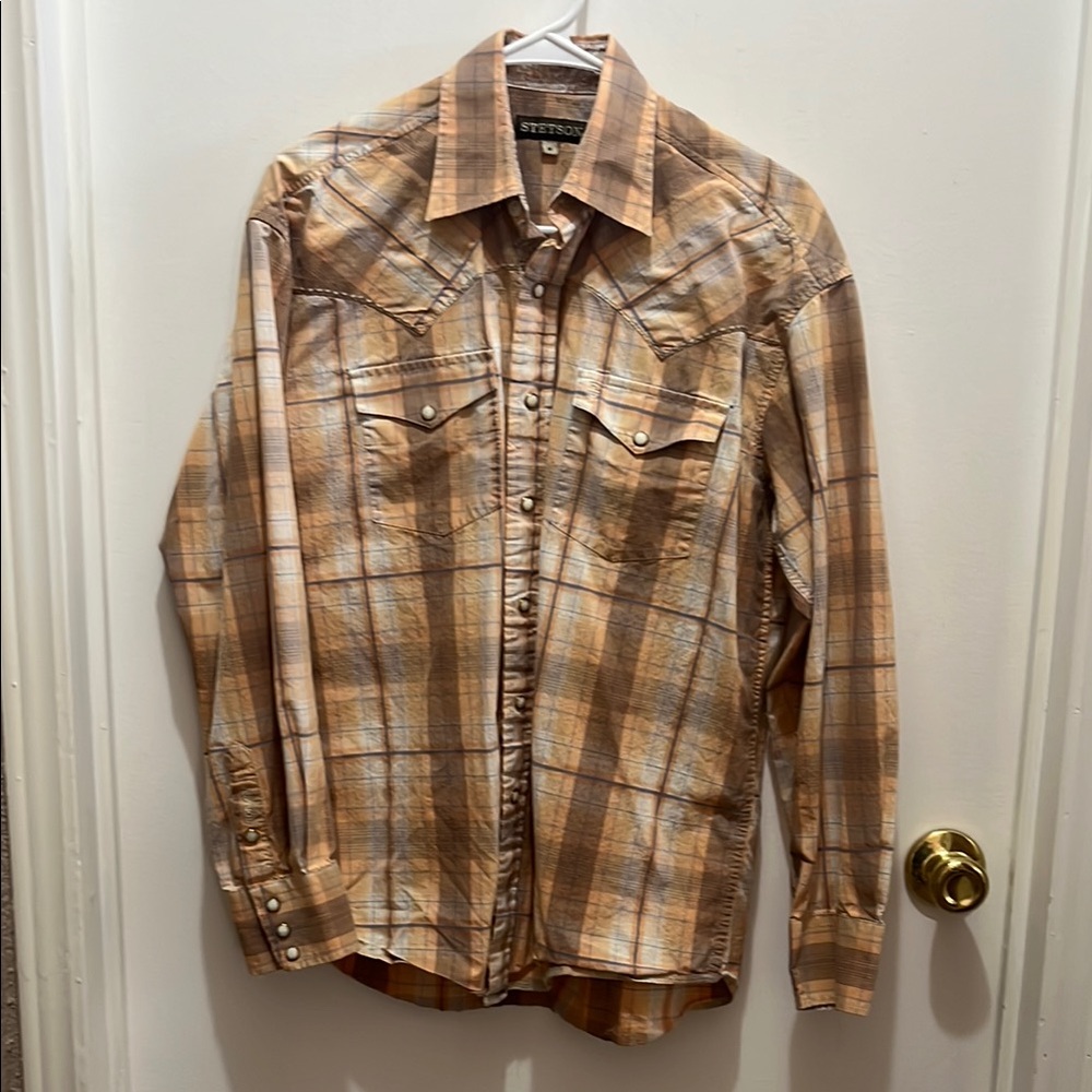 Stetson Men's Casual Button Down Shirt - Tan Plaid